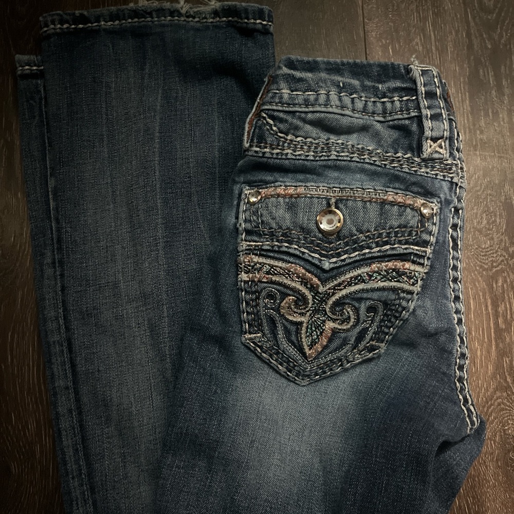 Rock Revival Blue Boot Cut Jeans with Decorative Stitching